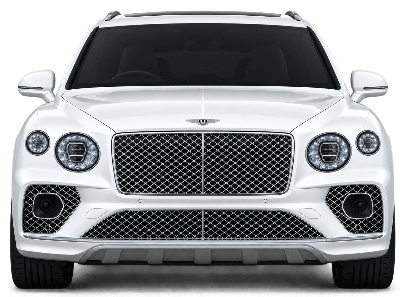 White Bentley Bentayga V8 First Edition 2023 on a transparent background, front view.