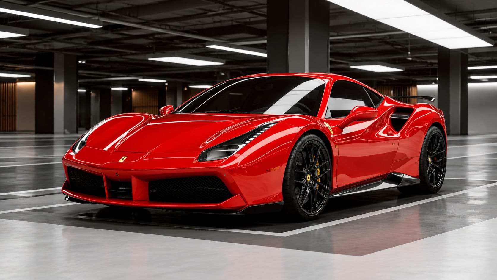 488 GTB: Red Ferrari 488 GTB in a modern parking garage, front three-quarter view — RC24.