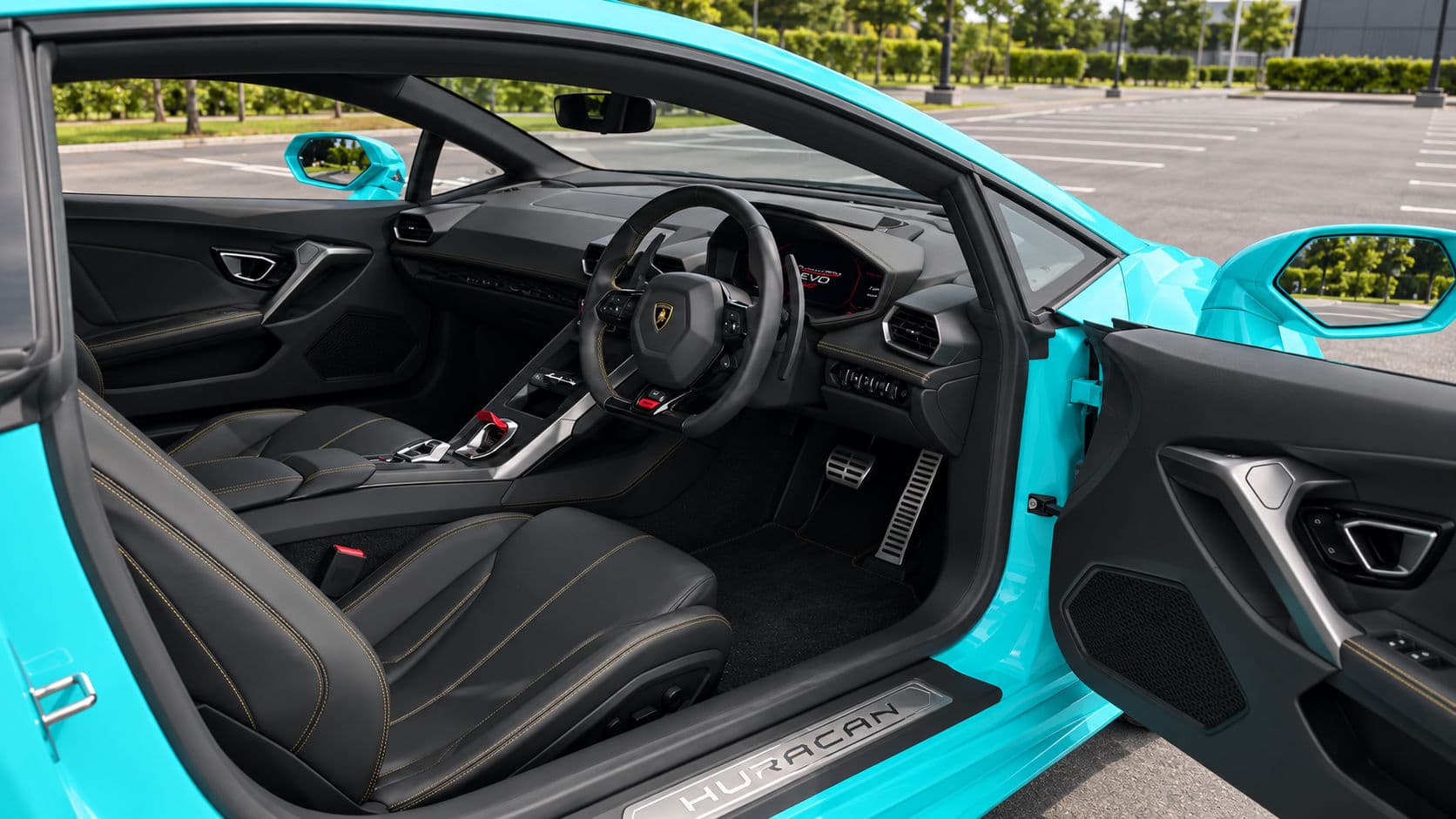 Huracan EVO RWD: Lamborghini Huracan EVO RWD 2024 in Electric Aqua, black leather interior with the driver’s door open