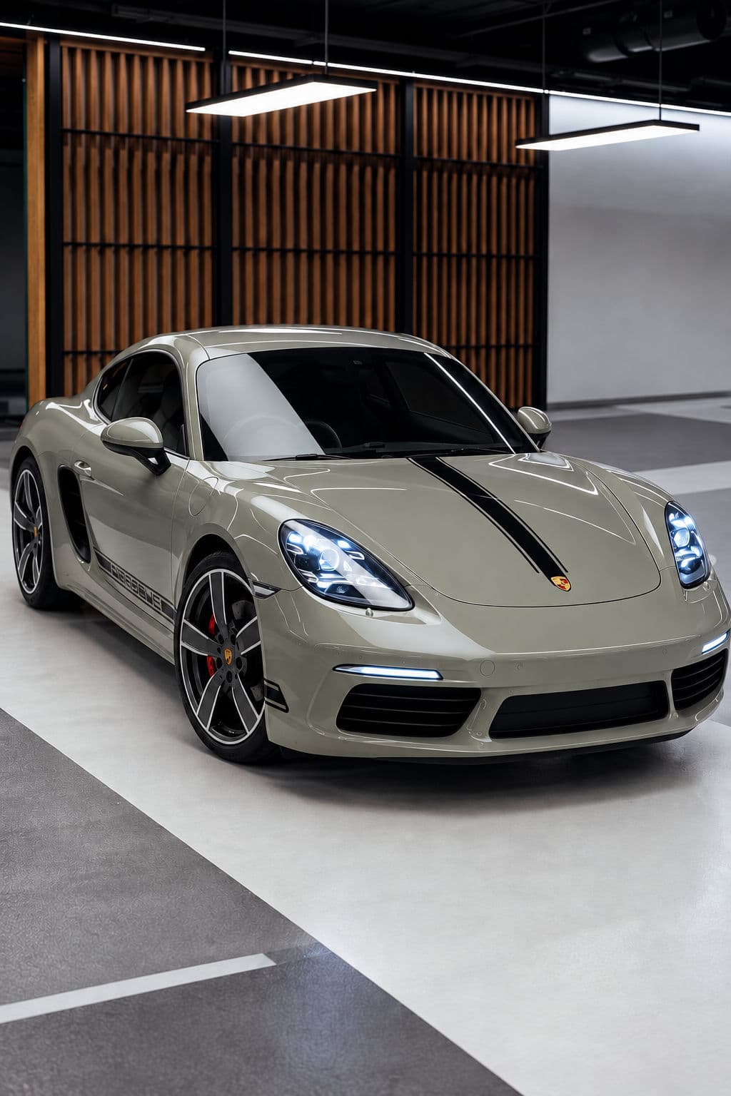 718 Cayman: Porsche 718 Cayman 2024 in Imperial Khaki, front three-quarter view indoors