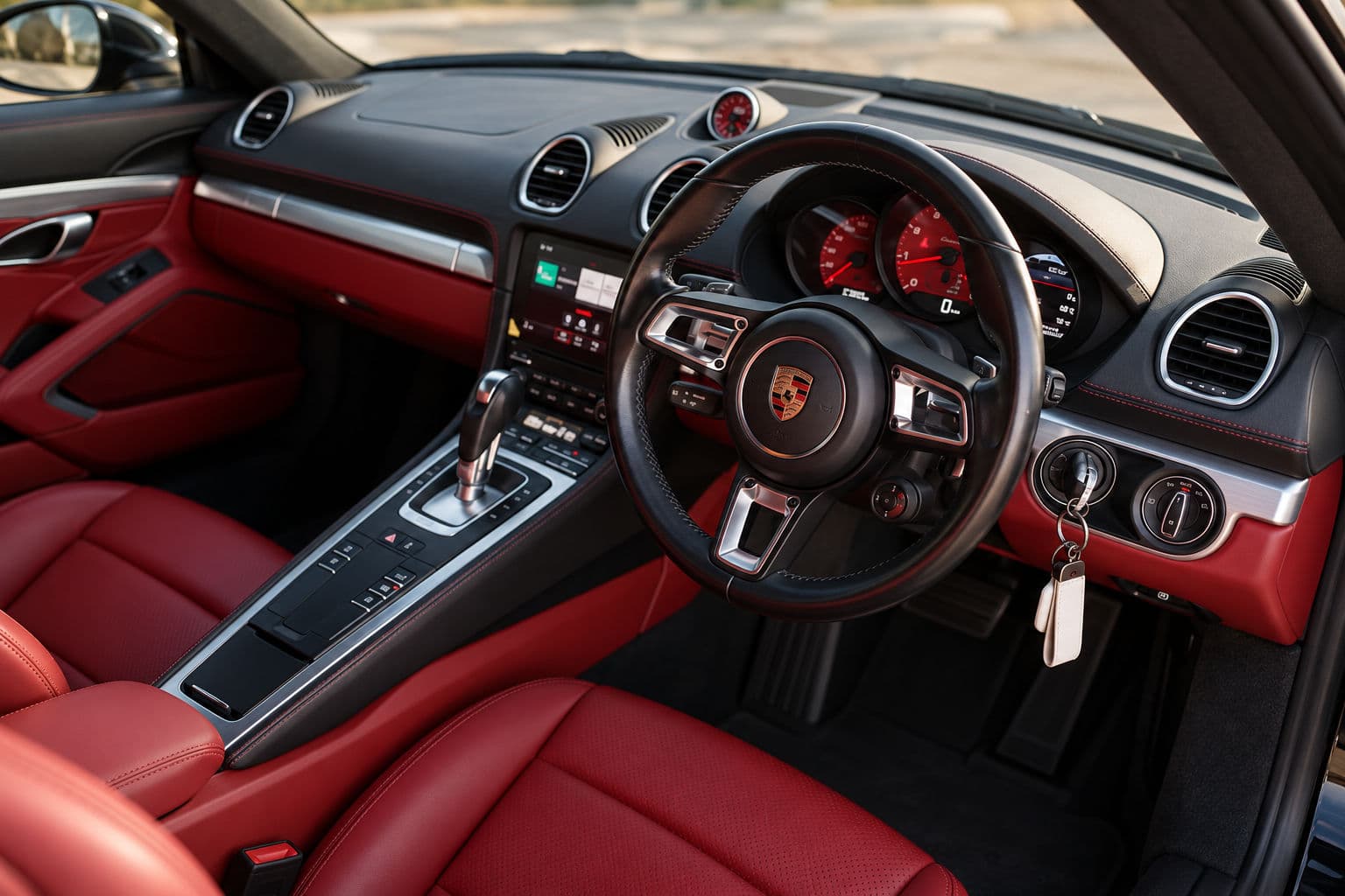 718 Cayman: Porsche 718 Cayman 2024 red leather interior with right-hand-drive cockpit