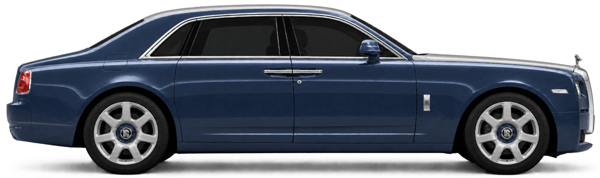 Rolls-Royce Ghost 2019 in dark blue and silver, side elevation showing the two-tone bonnet and four-door saloon lines