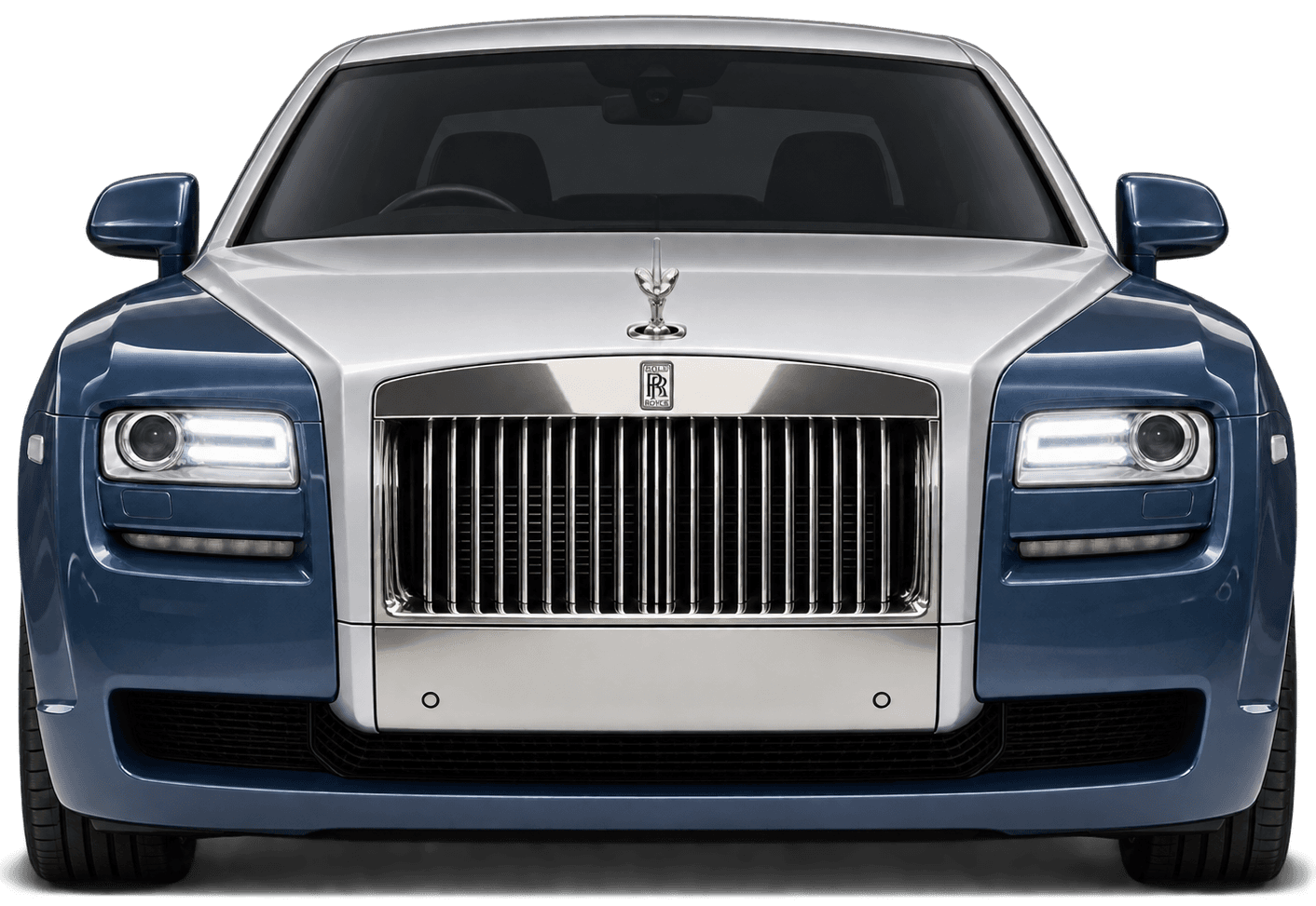 Rolls-Royce Ghost 2019, head-on front view, dark blue body with a silver bonnet and the Spirit of Ecstasy on the grille