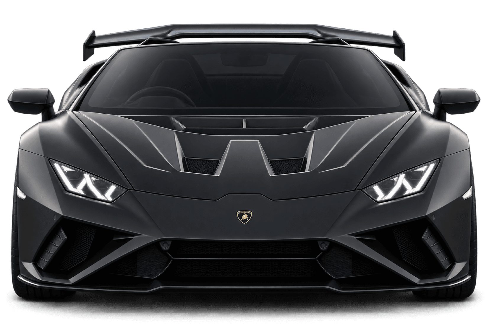 Lamborghini Huracan EVO RWD Spyder 2023 front view in black with the roof down