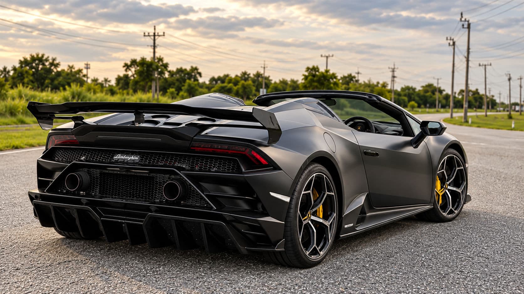 Huracan EVO RWD Spyder: Lamborghini Huracan EVO RWD Spyder 2023 in matte black with the roof down, rear three-quarter view on a country road at sunset