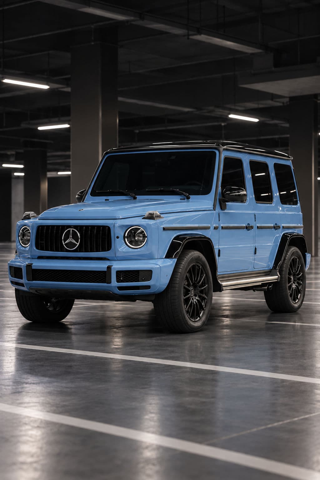 G350: Mercedes-Benz G350 2022 in Vintage Blue, front three-quarter view in an underground parking garage