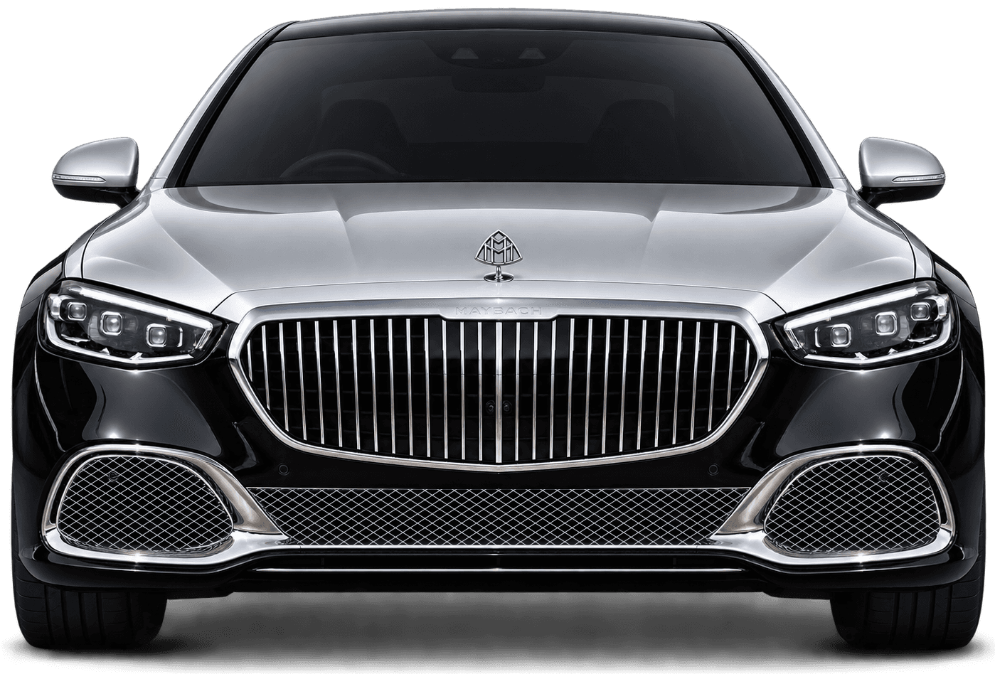Mercedes-Maybach S 680 2025 front view in two-tone silver and black